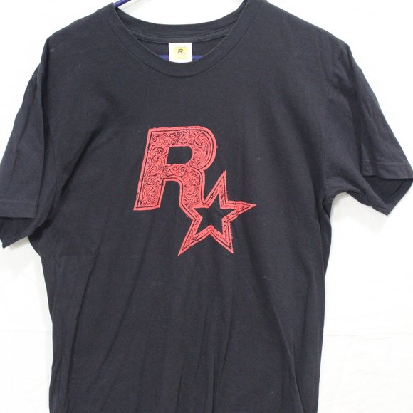 Red on Black Linocut Rockstar Games Logo Tee - Picture 2 of 4
